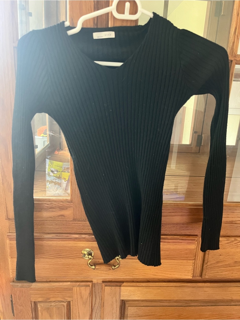 Ribbed V-Neck Long Sleeve Sweater/Shirt - Made in Korea